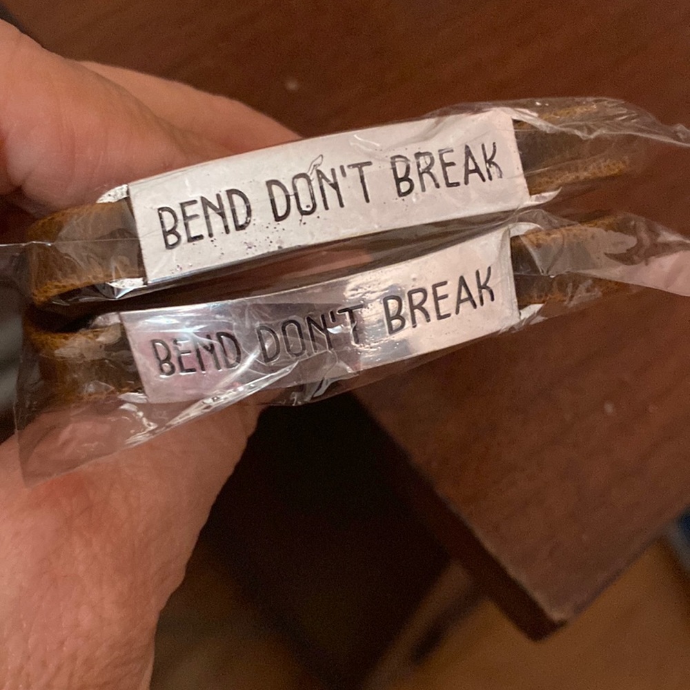 Bend Don’t Break” Silver on Leather Strap, NEW in Package!